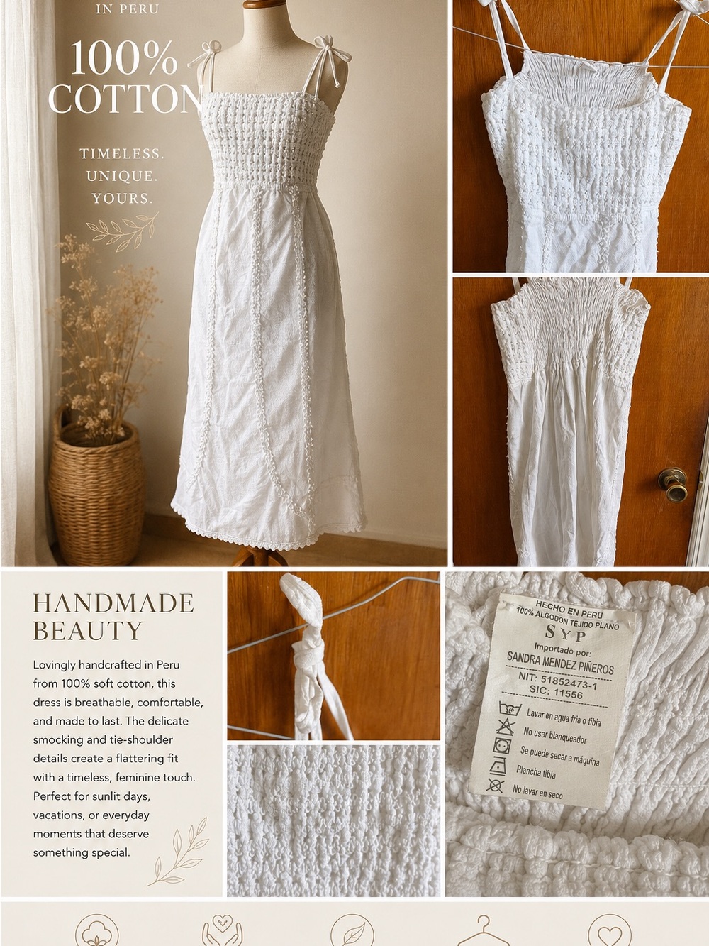 Handmade White Cotton Smocked Midi Dress - Brand:
